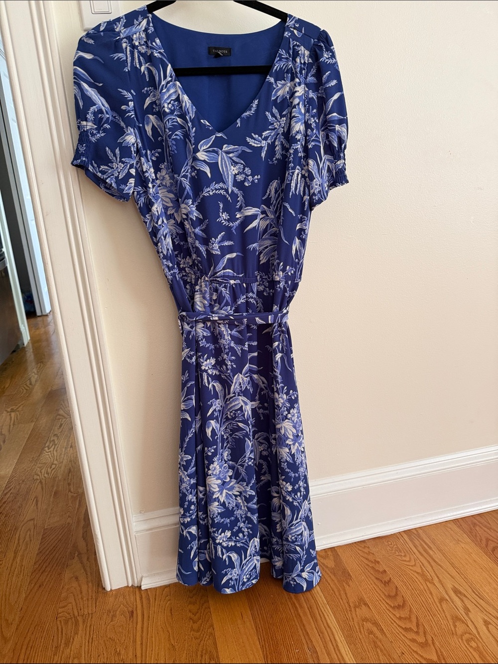 Talbots Blue Floral V-Neck Midi Dress with Belt
